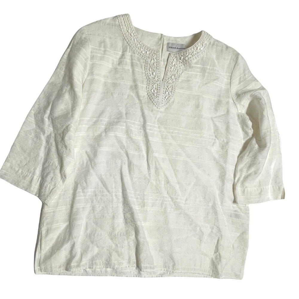 Alfred‎ Dunner womens 14 white beaded lace 3/4 sleeve tunic top Linen-Feel
